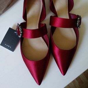 ZARA RED SATIN FLAT SHOES WITH EMBELLISHED BUCKLE